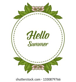 Vector illustration green leaves flower frame with greeting card hello summer hand drawn