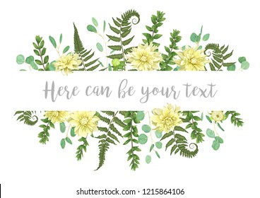 Vector illustration  green leaves of a forest fern, boxwood flowers of yellow dahlia and eucalyptus. Pattern for wedding invitations, greeting cards, banners, certificates and labels