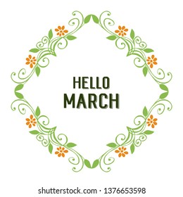 Vector illustration green leaves frame for greeting card hello march hand drawn