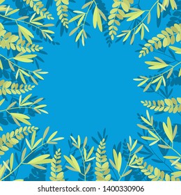 
Vector illustration of green leaves. Frame of leaves. Natural background for your design. Green botanical pattern on a blue background for invitations, greetings, greeting card and cover.