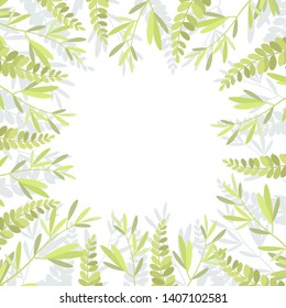 Vector illustration of green leaves. Frame of leaves. Natural background for your design. Green botanical pattern on a white background for invitations, greetings, cards and covers.