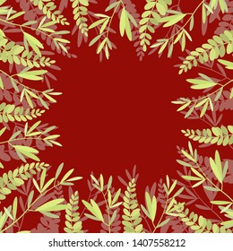 Vector illustration of green leaves. Frame of leaves. Natural background for your design. Green botanical pattern on a red background for invitations, greetings, cards, covers, textiles.