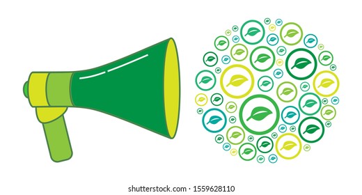 vector illustration of green leaves and loudspeaker design for protest climate change and environment protection shout out