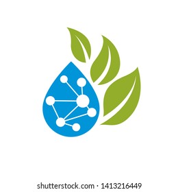 Vector illustration of green leaves and molecule mesh structure. Alternative medicine concept, phytotherapy metaphor .The interconnection of chemical analysis and homeopathy.