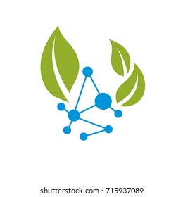 Vector illustration of green leaves and molecule mesh structure. Alternative medicine concept, phytotherapy metaphor .The interconnection of chemical analysis and homeopathy.