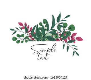 Vector illustration of green leaves. Natural background, invitation card template with branches and leaf decoration.