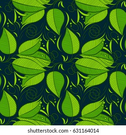 Vector illustration of green leaves. Seamless pattern with green leaves on motley background.