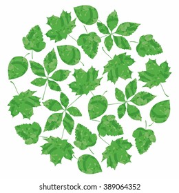 vector illustration of green leaves in the shape of a circle. Elegant round border for greeting card, invitation, festive banner, flyer, poster. Vector illustration.