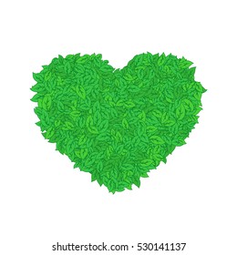Vector illustration of green leaves in shape of heart. Eco love symbol isolated on white
