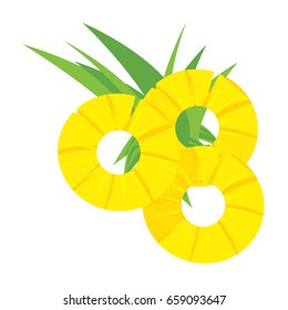 Vector illustration green leaves and three round pineapple slices icon isolated on white background. Summer tropical fruit