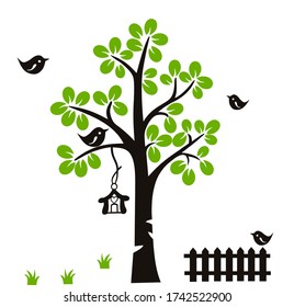 Vector illustration of Green Leaves tree with black birds and house. Garden