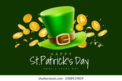 Vector illustration of green leprechaun top hat with buckle and golden coin on green background with word happy st patrick day. 3d style irish design of leprechaun hat and gold for saint patricks day