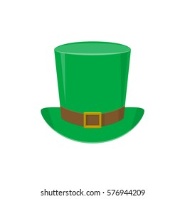 Vector illustration of green leprechaun top hat with gold buckle for poster, banner, flyer templates isolated on white background in flat style