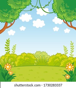 Vector illustration with green lines and trees in cartoon style. Background picture on the theme of summer.
