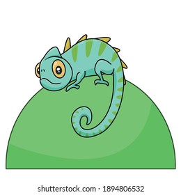 Ilustración vectorial de un lagarto verde sobre una piedra verde