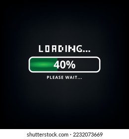 Vector illustration of green loading bar isolated on black background, 40% loaded.