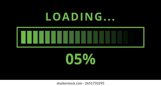 Vector illustration of a green loading bar isolated on a black background for websites and graphic resources. 05% loaded bar.
