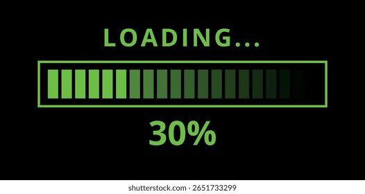 Ilustración vectorial de una barra de carga verde aislada sobre un fondo negro para Sitios web y recursos gráficos. Barra cargada al 30%.