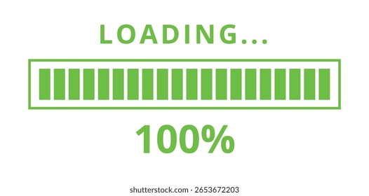 Ilustración vectorial de una barra de carga verde aislada sobre un fondo blanco para Sitios web y recursos gráficos. Barra 100% cargada.