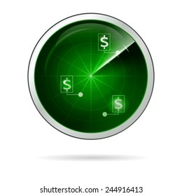 Vector illustration of green locating radar for business. Radar green screen with dollar symbol points located. Isolated vector illustration on white background.