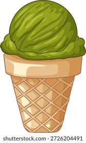 Vector illustration of a green matcha ice cream scoop on a crispy waffle cone
