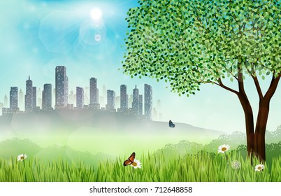 Vector illustration of Green meadow background with buildings