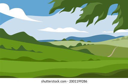 vector illustration of green meadow panorama with blue sky