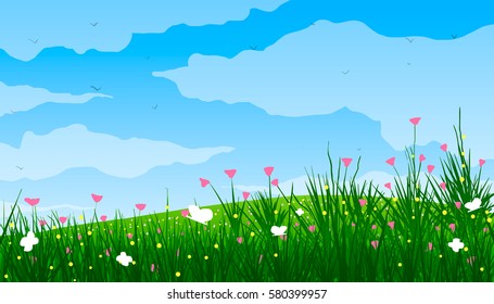 Vector illustration. Green meadows, flowers and butterflies in spring.