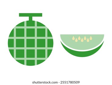 Vector illustration of Green melon. Front view and cross section. Fruits cute icons. White background.