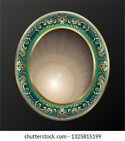 Vector illustration of green mirror with gold ornament.EPS10