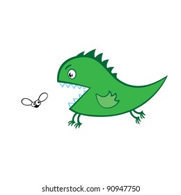 Vector illustration of green monster and little fly