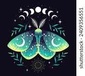 Vector illustration of green moon moth. For print for T-shirts and bags, decor element. Mystical and magical, astrology illustration