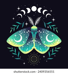 Vector illustration of green moon moth. For print for T-shirts and bags, decor element. Mystical and magical, astrology illustration