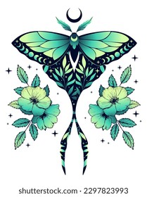 Vector illustration with green moth. Abstract mystic sign. For you design, tattoo or magic craft.