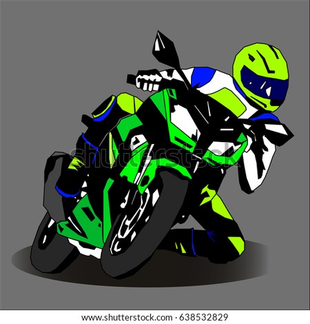 Vector illustration green motorcycle with driver.