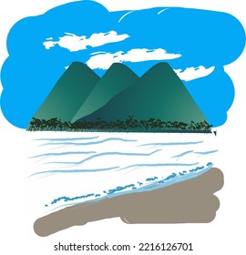 ilustración vectorial, montaña verde con fondo azul cielo en la playa.