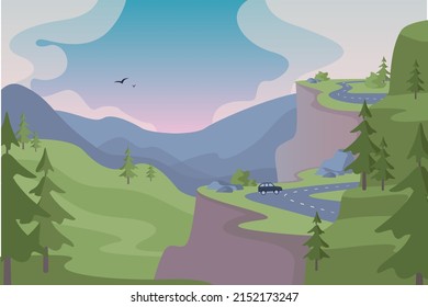 Ilustración vectorial con paisaje de montaña verde con bosque de abeto y carretera con coche y cielo con nubes