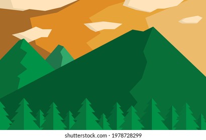 Vector illustration of green mountains and pine trees with evening sky. vector flat design.