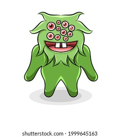 vector illustration of green multi-eyed monster in simple flat style.