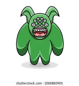 ilustración vectorial de un monstruo verde de ojos múltiples en un estilo sencillo y plano.