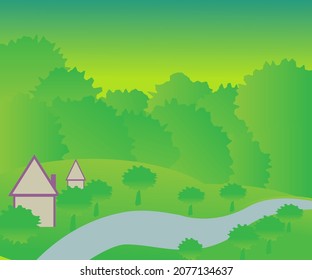 Vector illustration of Green nature, landscapes, forests, mountains, flowers, plants, houses, fields, farms and villages. Image for background, card or cover