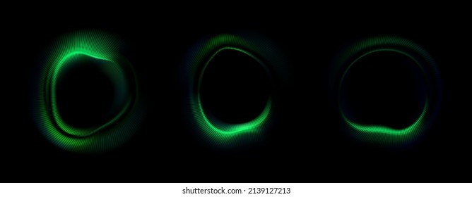 Vector illustration of a green neon circle. Music concept, wave, equalizer. Abstract background with glowing swirling dynamic backdrop. Round luminous portal isolated on black background