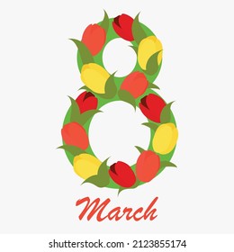 Vector illustration green number 8 with flowers on a white background. Greeting card for March 8 with tulips.