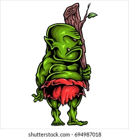 Vector illustration of green ogre character with wood batter