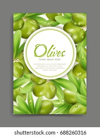 Vektorillustration mit grünen Olivenbäumen und Blättern und Rahmen. Element für modernes Design, Werbung für den Verkauf, Vorlage, Banner, Flyer, Broschüre für die Förderung von Produkten für natürliches Olivenöl, Kosmetik