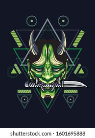 Vector illustration green oni, hannya, japan mask with samurai in geometric pattern 