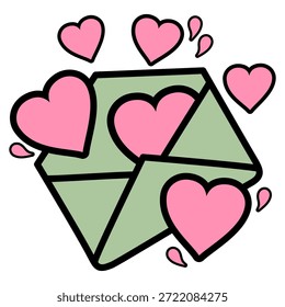 Ilustración vectorial de un sobre abierto verde con corazones rosados volando, estilo de dibujos animados planos con contornos negros audaces, concepto de carta de amor, saludo de San Valentín, mensaje romántico, invitación de boda y comunicación de correo dulce, aislado en fondo blanco.