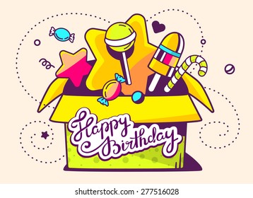 Vector illustration of green open gift box and sweets with text happy birthday on light background with star. Hand draw line art design for web, site, advertising, banner, poster, board and print.  