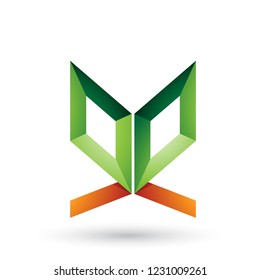 Vektorgrafik von grün und orangefarbenem, zweiseitigem Schmetterling, wie Buchstabe E einzeln auf weißem Hintergrund