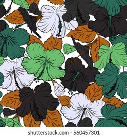 Vector illustration in green, orange and gray colors on a white background. Seamless tropical flower, hibiscus pattern.